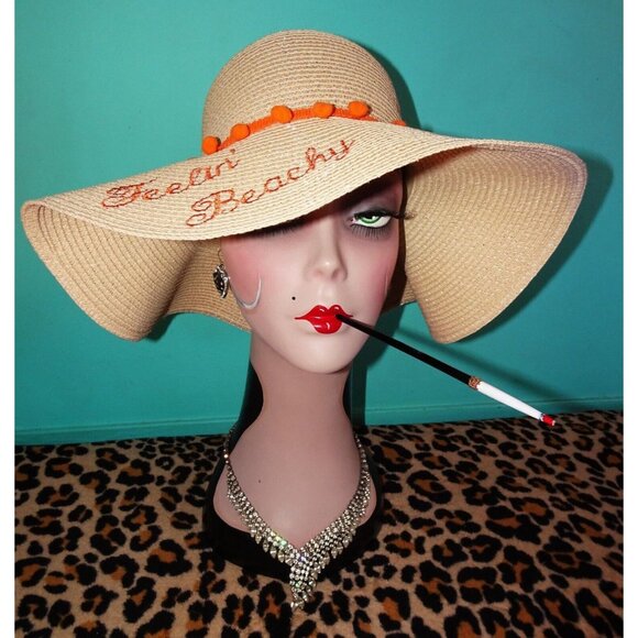 Vintage Feelin' Beachy Ivory Woven Sun Hat with orange pom pom fringe pinup - Picture 1 of 13
